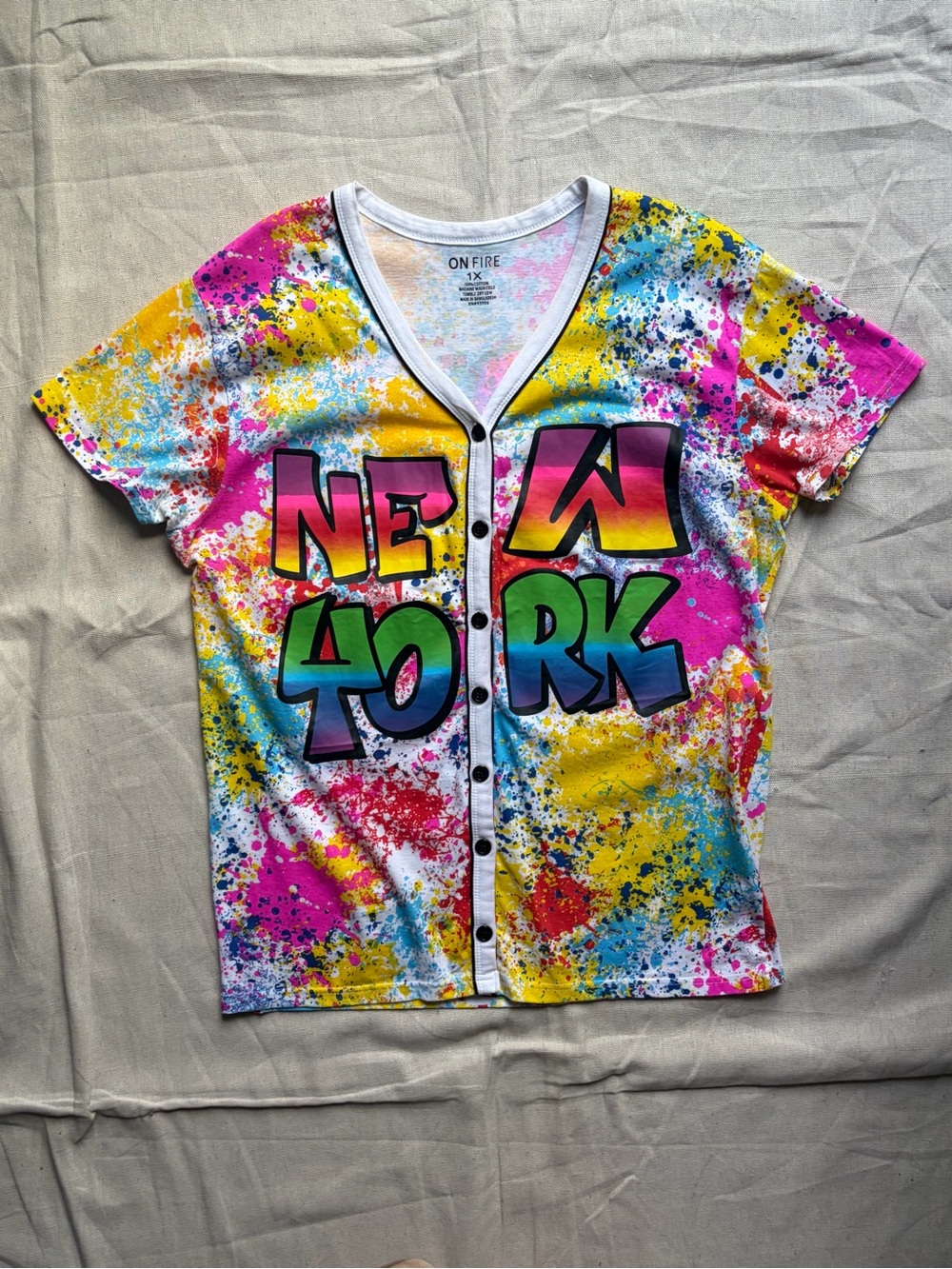 On Fire Neon Paint Splatter New York Graffiti Jersey Top Y2K 1X